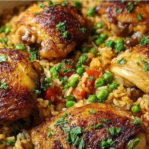 One-Pot Chicken and Rice dish garnished with herbs in a serving bowl