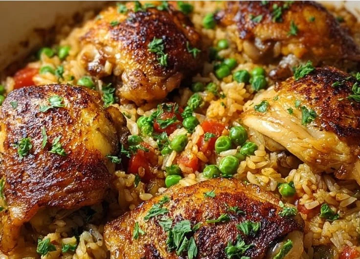 One-Pot Chicken and Rice dish garnished with herbs in a serving bowl