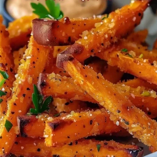 Oven baked sweet potato fries served on a plate with dipping sauce.