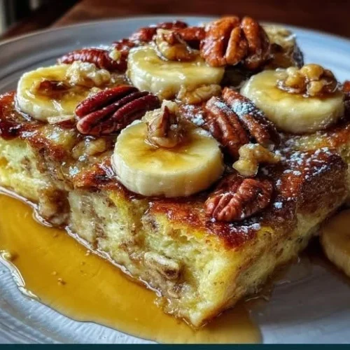 Delicious Overnight Baked Banana French Toast Casserole ready to serve