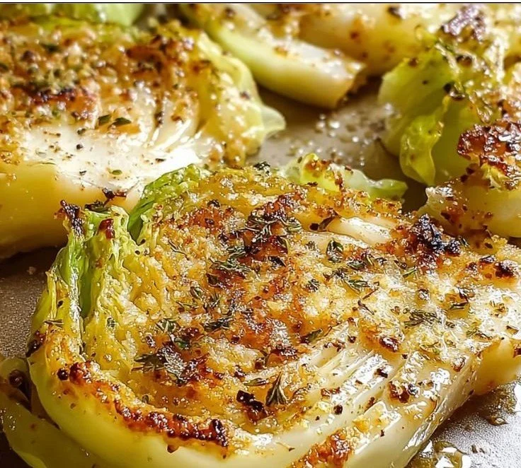 Oven-roasted Parmesan Cabbage Steaks garnished with herbs
