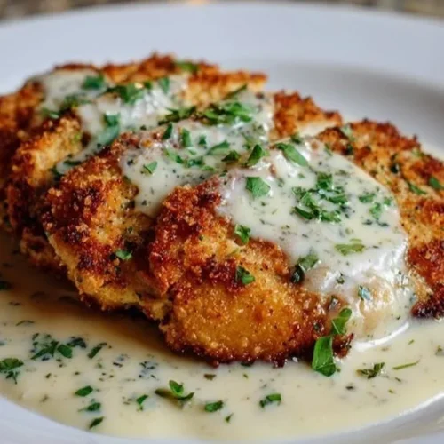 Delicious Parmesan Crusted Chicken served with creamy garlic sauce