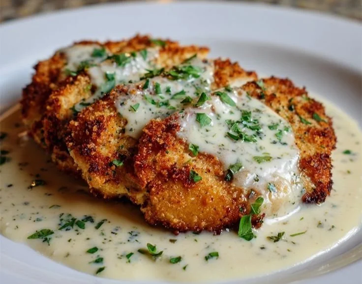 Parmesan Crusted Chicken with Creamy Garlic Sauce
