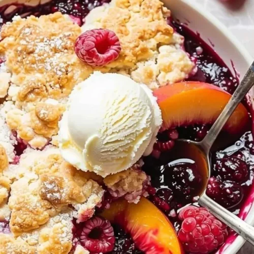Delicious peach cobbler with raspberries in a baking dish, topped with golden crust.