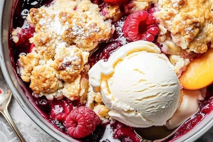 Peach Cobbler with Raspberries