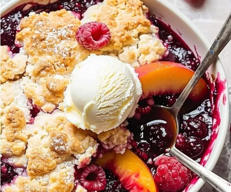 Peach Cobbler with Raspberries