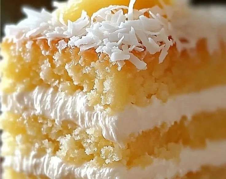 Sliced Pineapple Coconut Dream Cake on a plate with tropical decorations