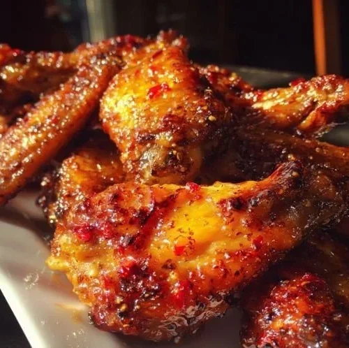 Pineapple Cowboy Candy Chicken Wings garnished with fresh pineapple and herbs