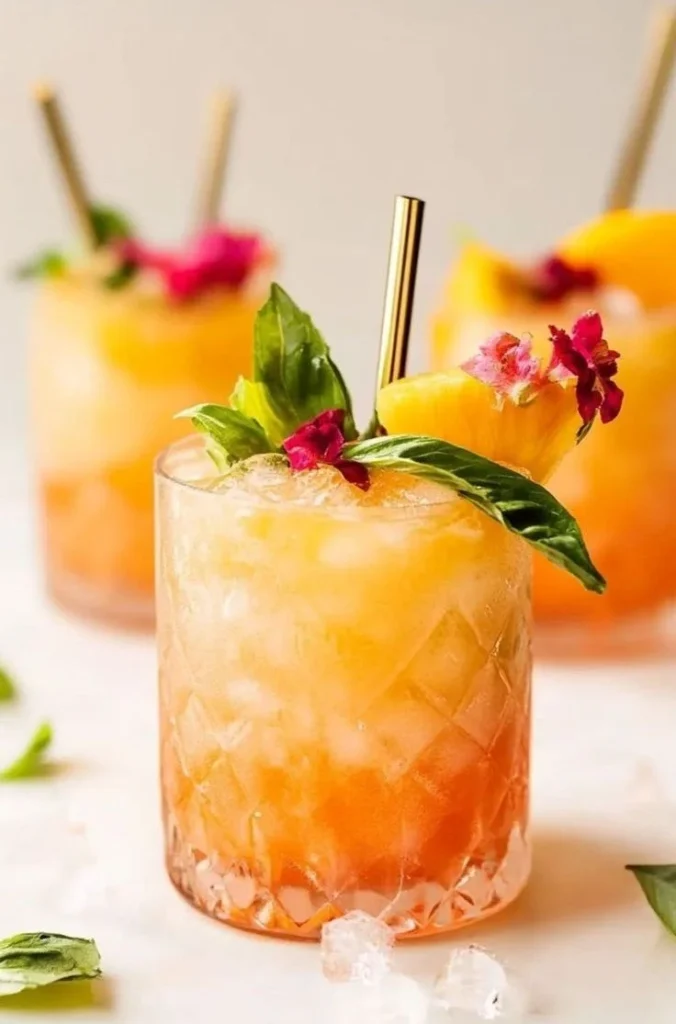 Tropical pineapple mango rum punch served in a glass with fruit garnishes.