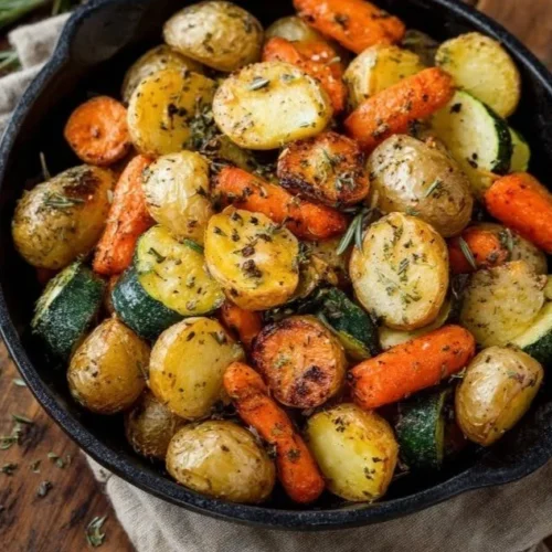Colorful roasted potatoes, carrots, and zucchini arranged on a serving platter