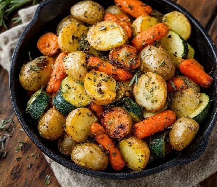 Colorful roasted potatoes, carrots, and zucchini arranged on a serving platter