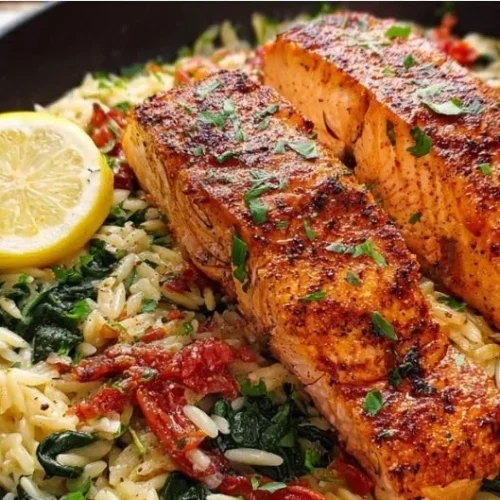 Delicious salmon orzo dish garnished with herbs and lemon slices