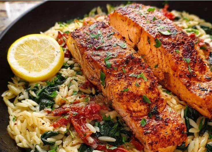 Delicious salmon orzo dish garnished with herbs and lemon slices