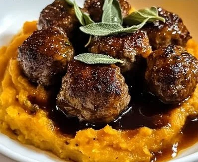 Savor Pork Meatballs with Sweet Potato Mash & Bourbon-Maple Sauce