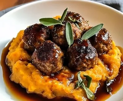 Savor Pork Meatballs with Sweet Potato Mash & Bourbon-Maple Sauce