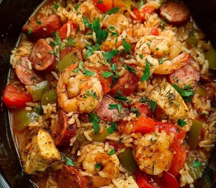Slow Cooker Cajun Jambalaya with Chicken, Sausage & Shrimp