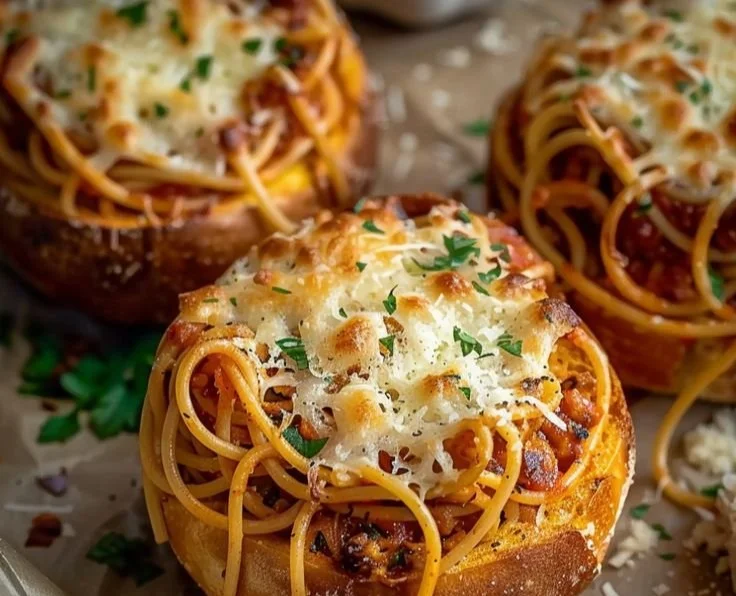 Spaghetti Garlic Bread Bowls