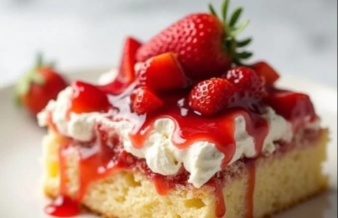 Delicious homemade strawberry shortcake topped with fresh strawberries and whipped cream