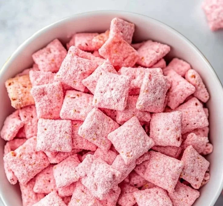 Bowl of Strawberry Shortcake Puppy Chow with strawberries and sprinkles