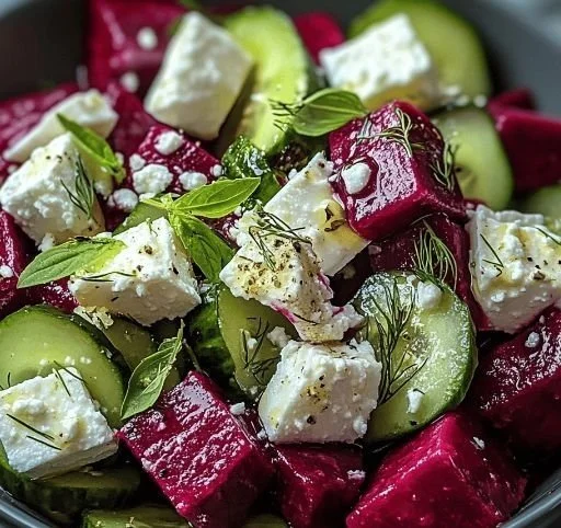 Vibrant beet salad topped with feta cheese and fresh cucumbers on a plate.
