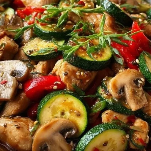 Zucchini Mushroom Chicken Stir Fry featuring fresh vegetables and tender chicken