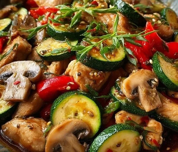 Zucchini Mushroom Chicken Stir Fry featuring fresh vegetables and tender chicken