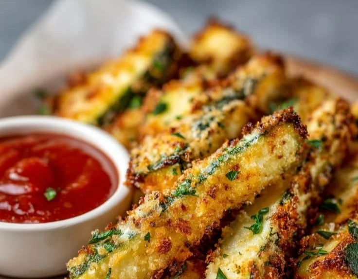 Crispy air fryer zucchini fries served on a plate with a dipping sauce