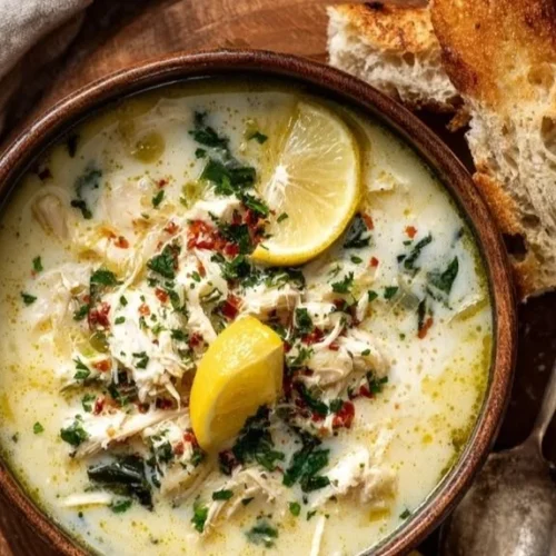 Bowl of Avgolemono Soup, Greek lemon chicken soup garnished with herbs.