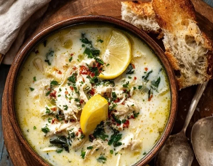 Bowl of Avgolemono Soup, Greek lemon chicken soup garnished with herbs.