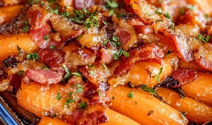 Bacon-wrapped roasted carrots on a plate garnished with herbs