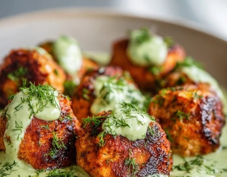 Baked salmon meatballs with creamy avocado sauce on a plate
