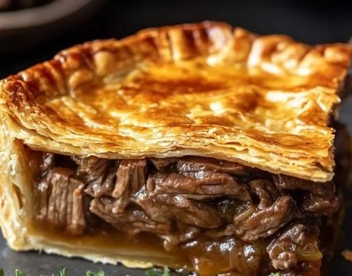 Delicious Irish Steak Pie with flaky pastry and rich beef gravy