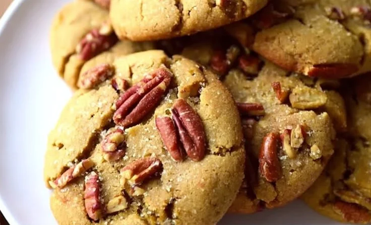 Delicious plate of homemade brown butter pecan cookies with nuts