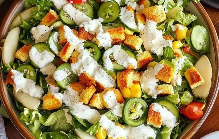California Salad with Jalapeno Ranch Dressing featuring fresh vegetables and herbs.