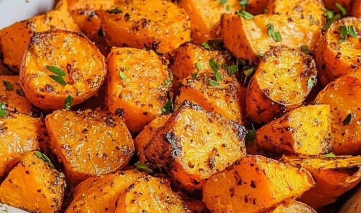Delicious caramelized roasted sweet potatoes served in a bowl.