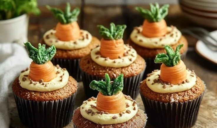 Carrot Patch Cupcakes decorated with edible carrots and green frosting.