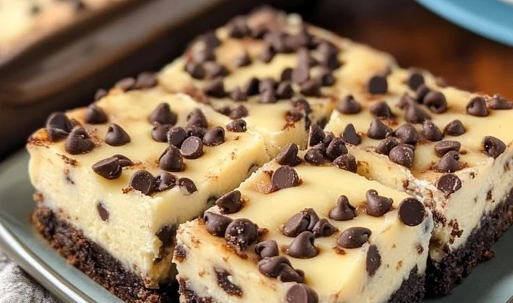 Delicious chocolate chip cheesecake bars on a white plate