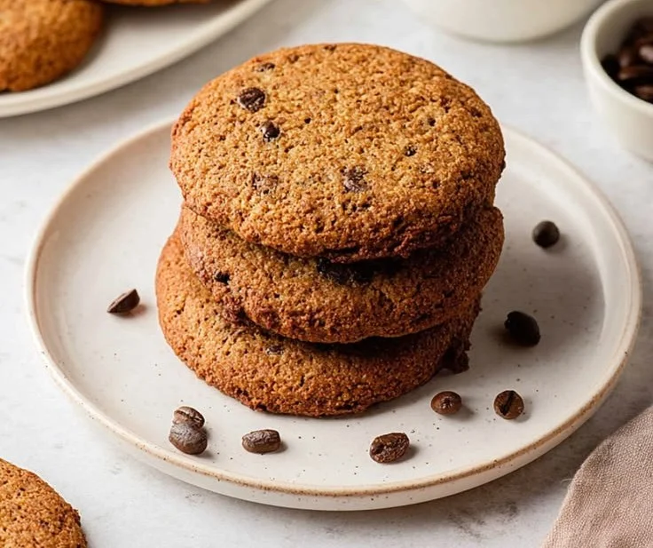Freshly baked coffee cookies with chocolate chips.