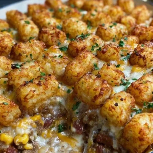 Delicious Cowboy Beef Tater Tot Casserole topped with crispy tater tots