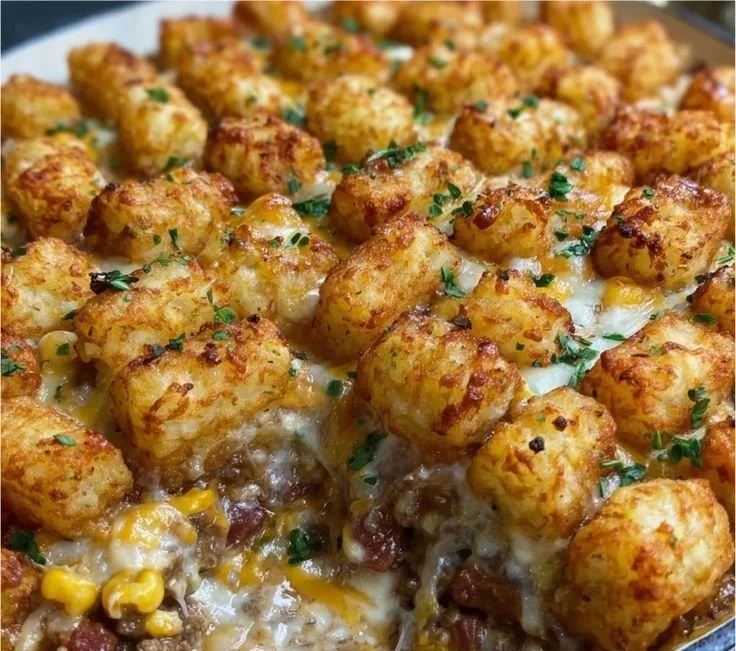 Delicious Cowboy Beef Tater Tot Casserole topped with crispy tater tots