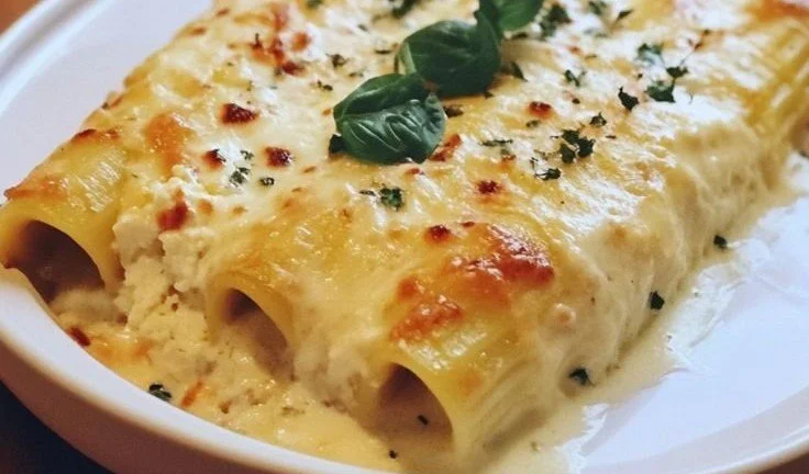 Delicious Crab and Ricotta Manicotti served with sauce