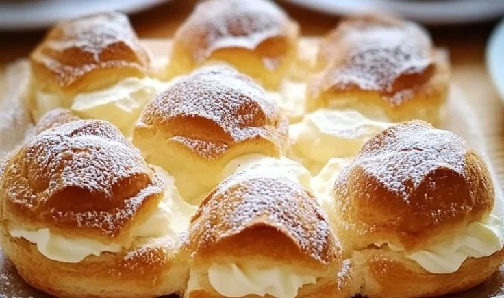 Delicious cream puffs filled with rich cream and dusted with powdered sugar
