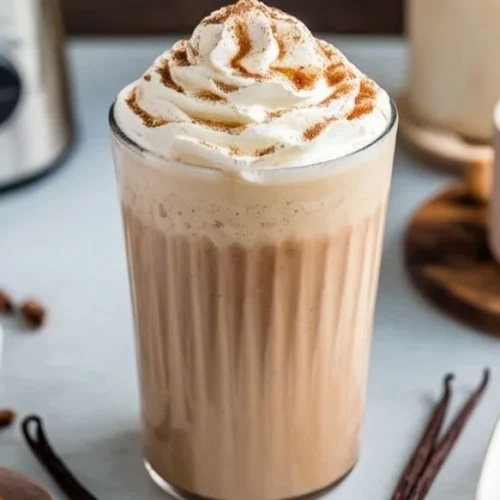 Delicious creamy coffee treat topped with whipped cream and chocolate sprinkles