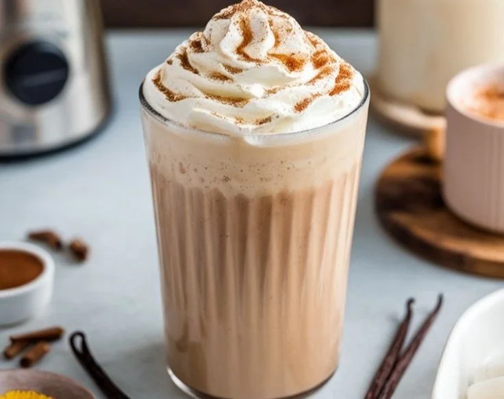 Delicious creamy coffee treat topped with whipped cream and chocolate sprinkles