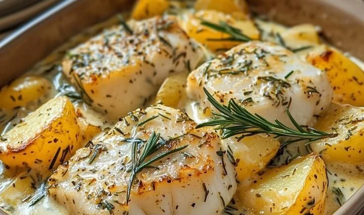 Creamy rosemary cod fillets served with potatoes in a rustic dish