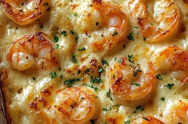 Creamy shrimp scampi pasta bake with herbs and cheese in a casserole dish.