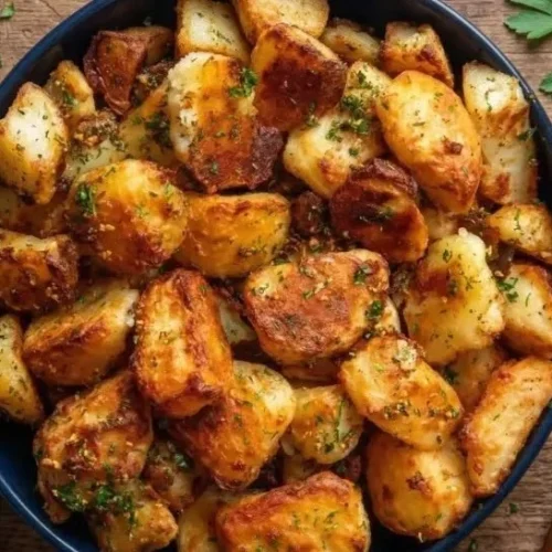 Delicious crispy roasted potatoes served on a plate