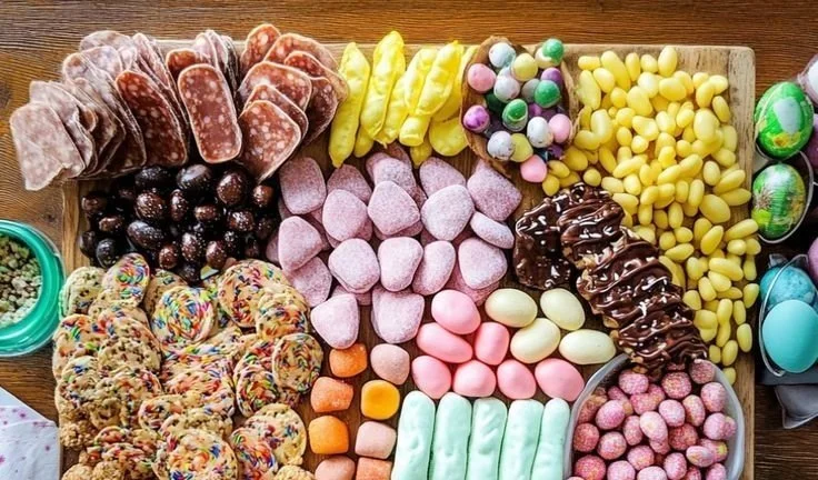 Easter candy charcuterie board featuring colorful sweets and treats