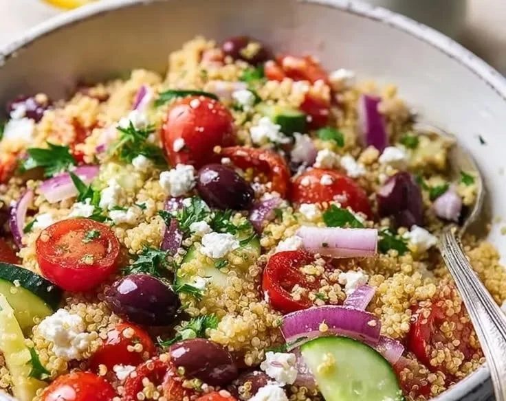 Delicious and colorful Mediterranean grain salad with fresh vegetables