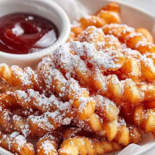 Delicious funnel cake fries dusted with powdered sugar.